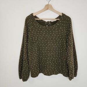 Flower & Feather Olive Green Polka Dot Puff Sleeve Tie Neck Sweater LARGE